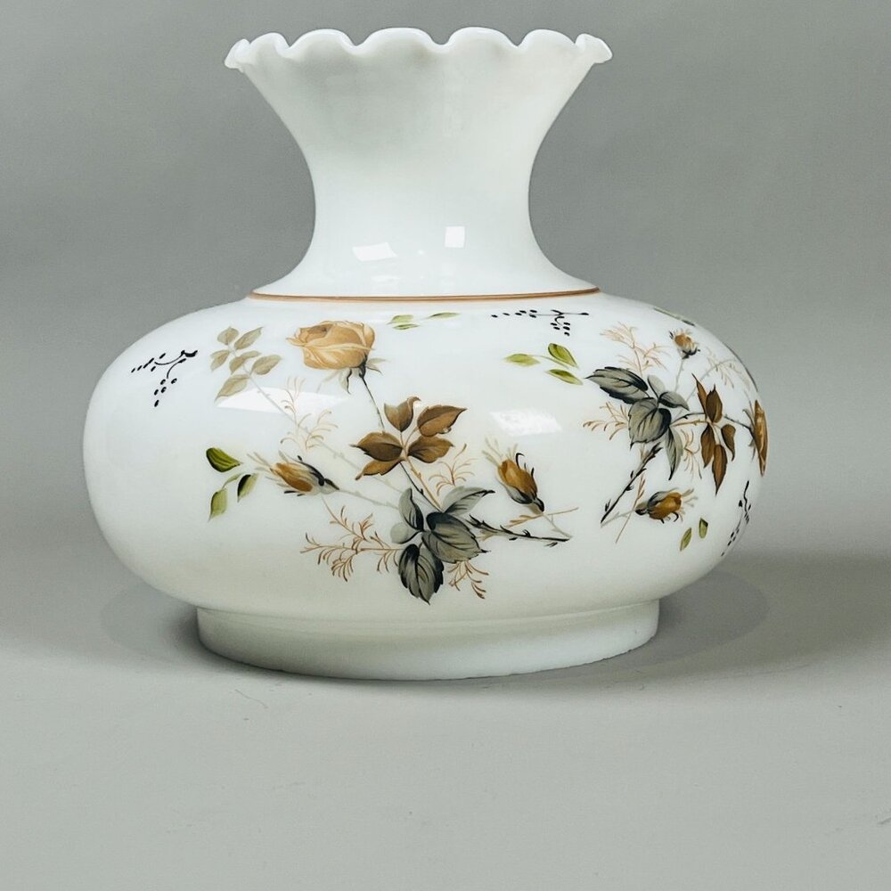 Vintage 9” Hurricane Lamp Shade White Glass Hand Painted Multicolor Floral